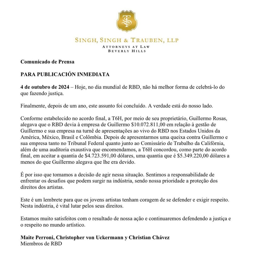 Nota do RBD sobre processo contra Guillermo Rosas — Foto: Reprodução/Instagram