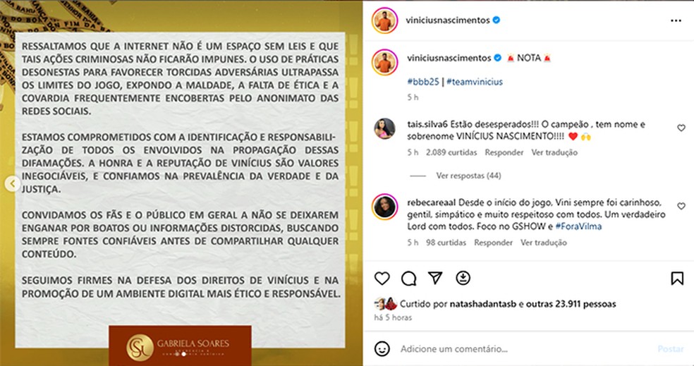 Assessoria jurídica de Vinícius Nascimento, do BBB 25, divulga nota sobre medidas legais contra fake news e difamação contra o brother — Foto: Reprodução/Instagram