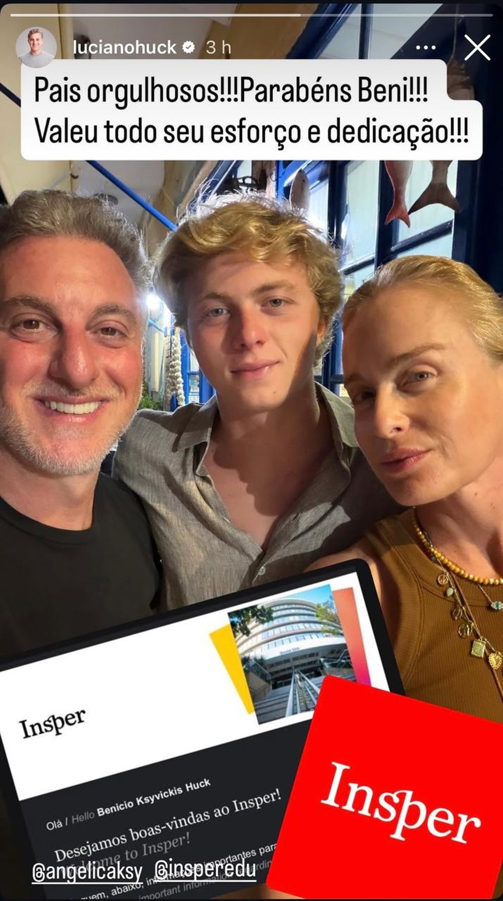 Luciano Huck celebra aprova&ccedil;&atilde;o de Ben&iacute;cio em faculdade &mdash; Foto: Reprodu&ccedil;&atilde;o/Instagram