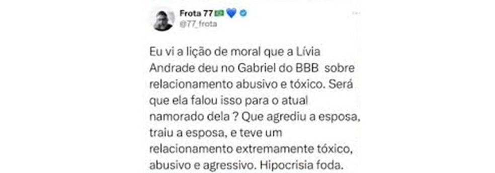 Post de Alexandre Frota em fevereiro de 2023 — Foto: Reprodução/X