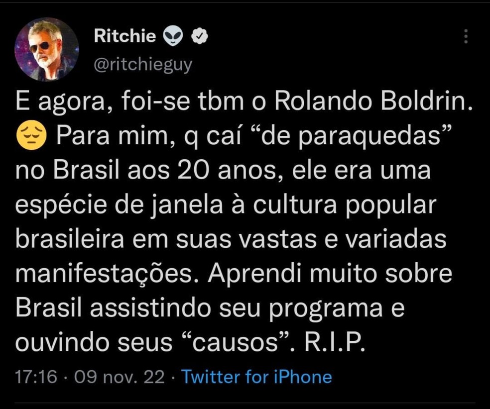 O cantor inglês Ritchie lamenta morte de Rolando Boldrin em suas redes sociais — Foto: Reprodução/Twitter