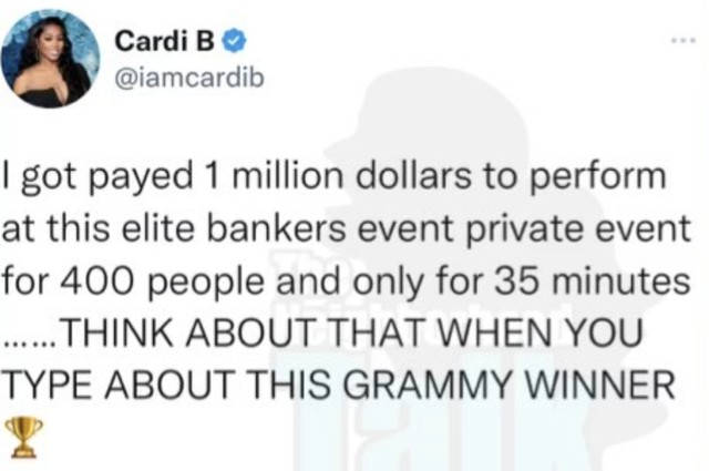 Cardi B ganha R$ 5,2 milhões em show de 35 minutos: 'Pensem nisso'