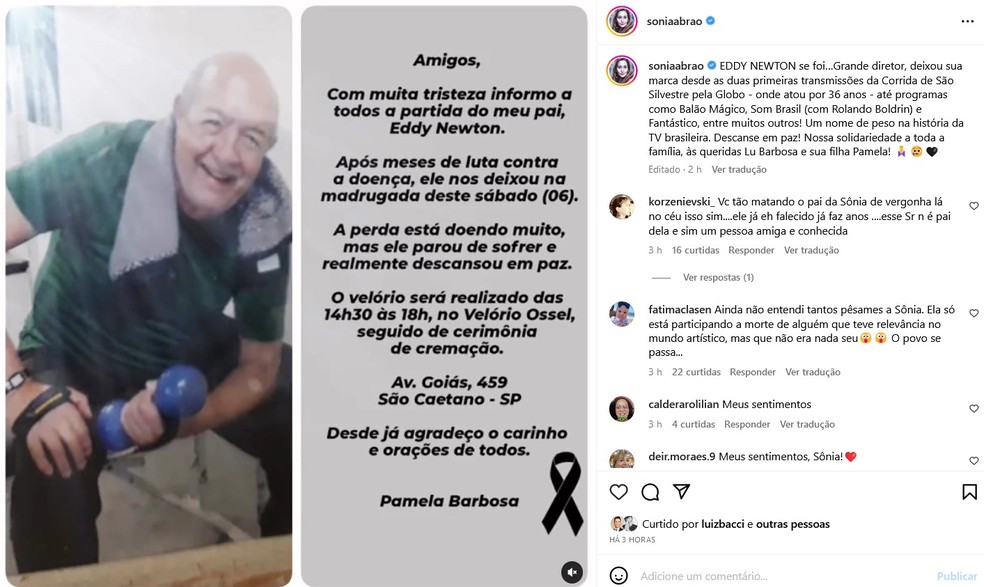 Sonia Abrão comunica morte de Eddy Newton — Foto: Reprodução/Instagram
