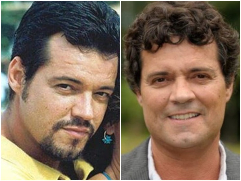 Antes e depois: Felipe Camargo, como Tadeu, em Corpo Dourado (Globo, 1998), e com visual atual — Foto: Divulgação/TV Globo