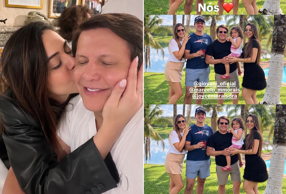 Giovani com a namorada, Flávia Correia, o filho, Marcelo Morais, a nora e a neta — Foto: Reprodução/Instagram