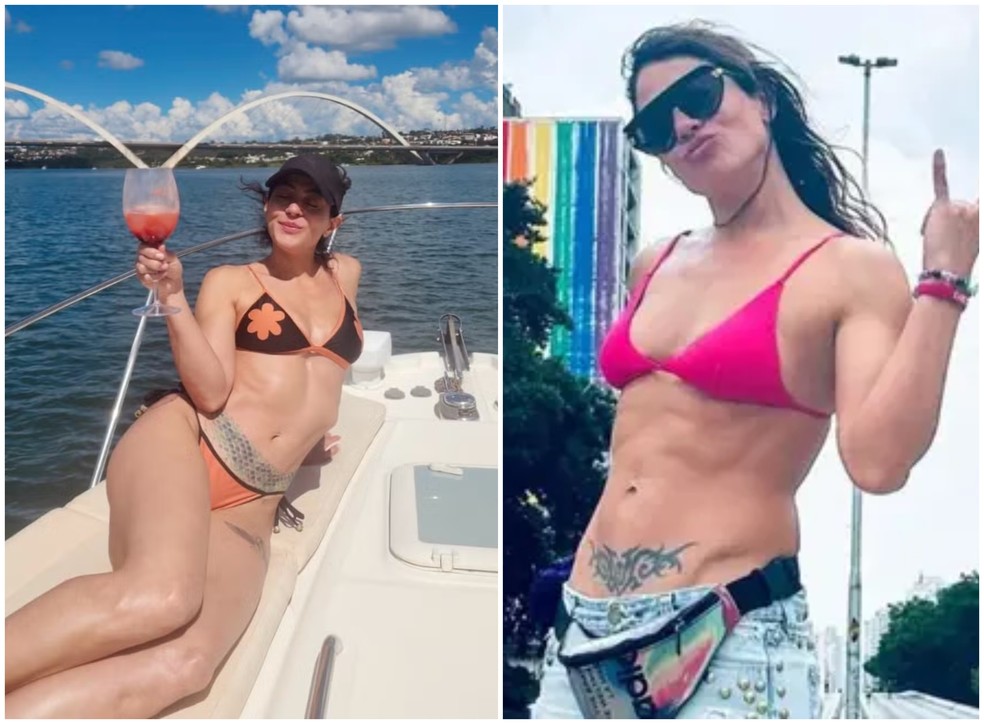 Carol Castro mostra tatuagem transformada na barriga ao renovar o bronze em barco — Foto: Reprodução/Instagram