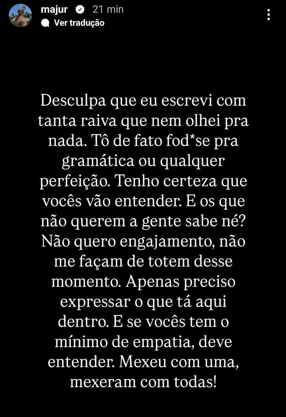 Majur declara apoio a Linn da Quebrada em meio a internação por saúde mental — Foto: Reprodução/Instagram