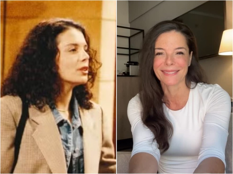 Mylla Christie em 'Quem é Você' (Globo, 1996), como Ivana, e com visual atual — Foto: Divulgação/TV Globo e Reprodução/Instagram
