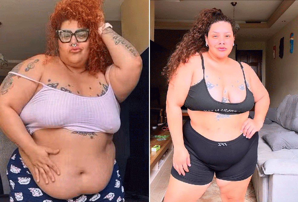 Aila Menezes antes da bariátrica (à esquerda) e sete meses depois da cirurgia (à direita) — Foto: Reprodução/Instagram