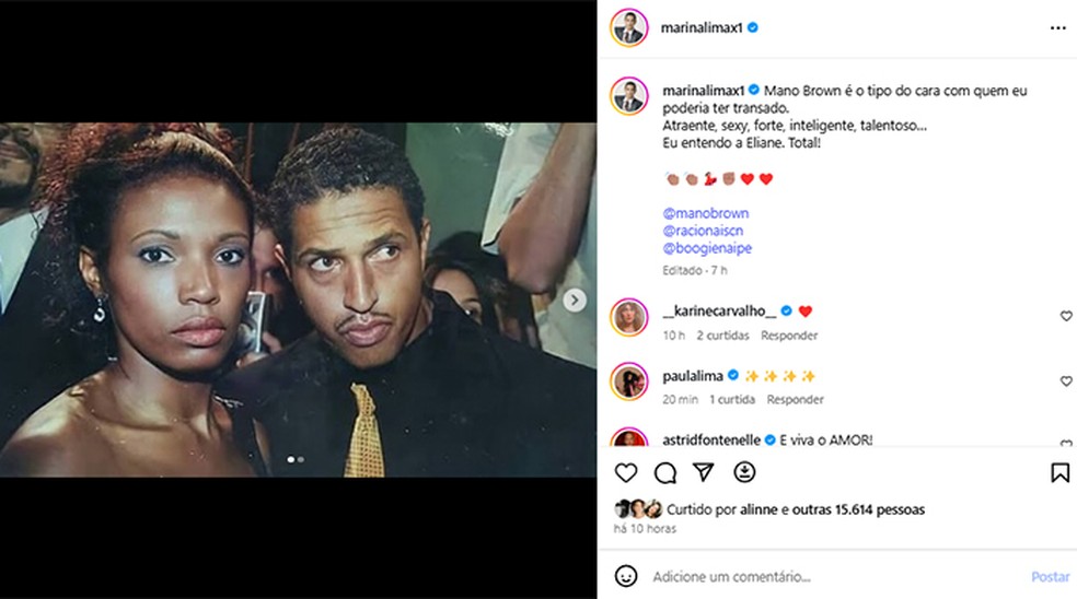 Marina Liam exalta Mano Brown em post — Foto: Reprodução/Instagram