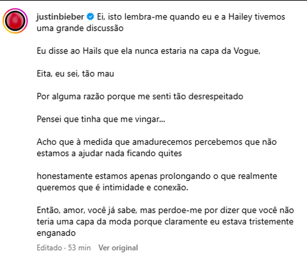 Justin Bieber fala sobre 'grande briga' com Hailey Bieber — Foto: Reprodução/Instagram