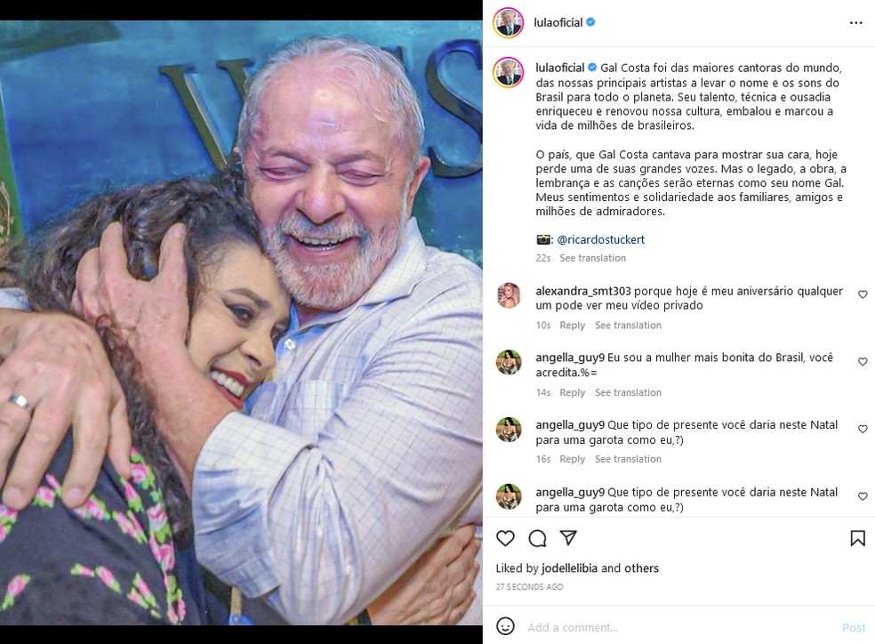 Lula se despede de Gal Costa — Foto: Reprodução Instagram