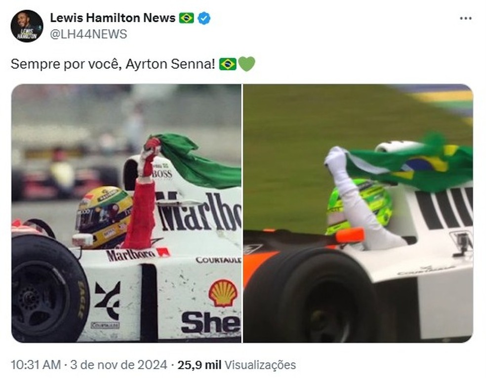 Post de Lewis Hamilton para Ayrton Senna após homenagem no GP de SP — Foto: Reprodução/Twitter