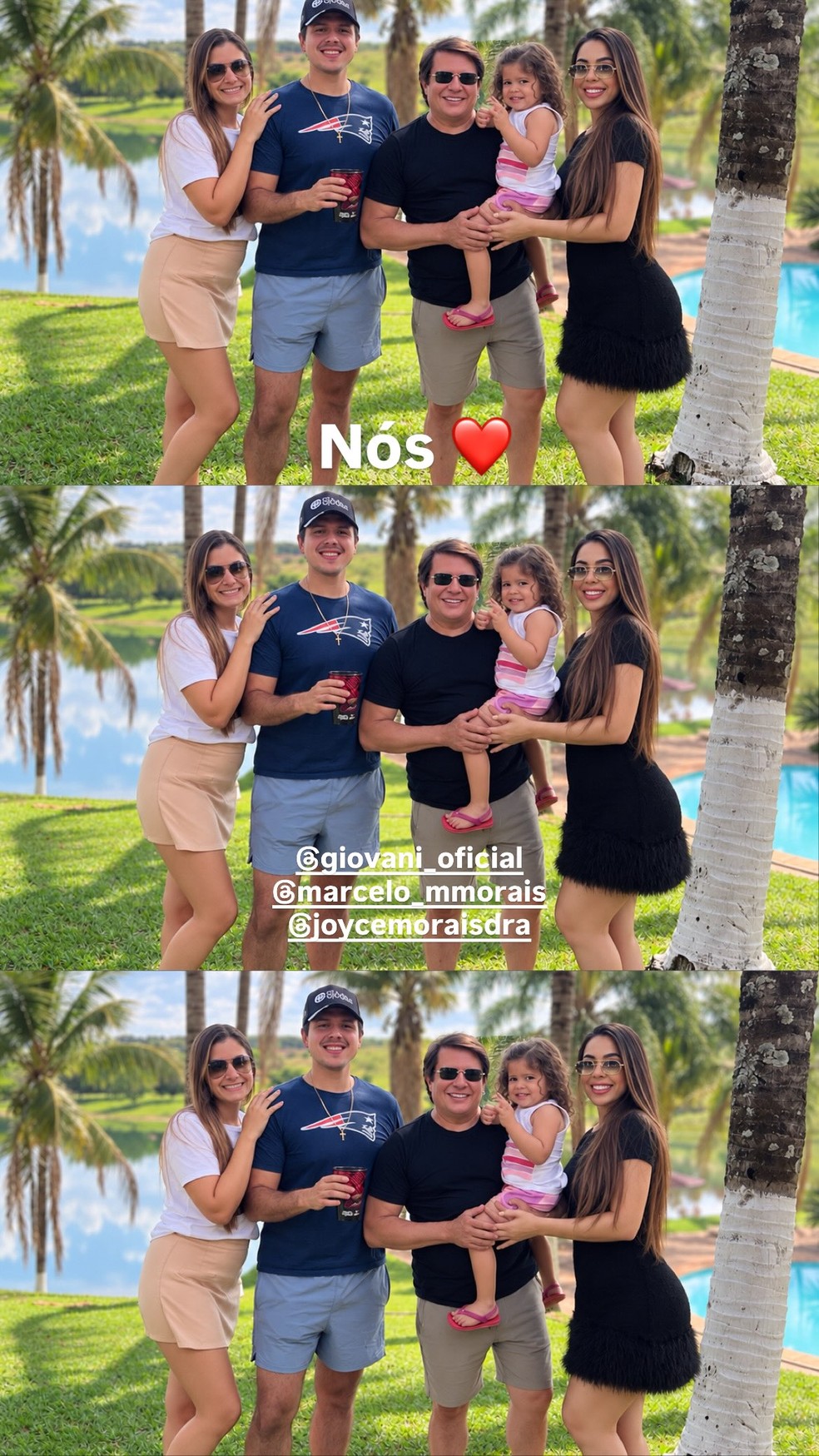 Giovani com a namorada, Flávia Correia, o filho, Marcelo Morais, a nora e a neta — Foto: Reprodução/Instagram