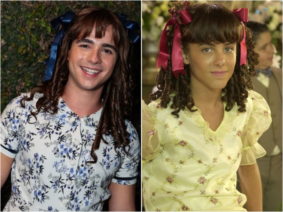 João Vitor Gonçalves se vestiu como Bernadete, papel de Kayky Brito em 'Chocolate com Pimenta' (Globo, 2003) — Foto: Victor Chapetta/BrazilNews e Divulgação/TV Globo