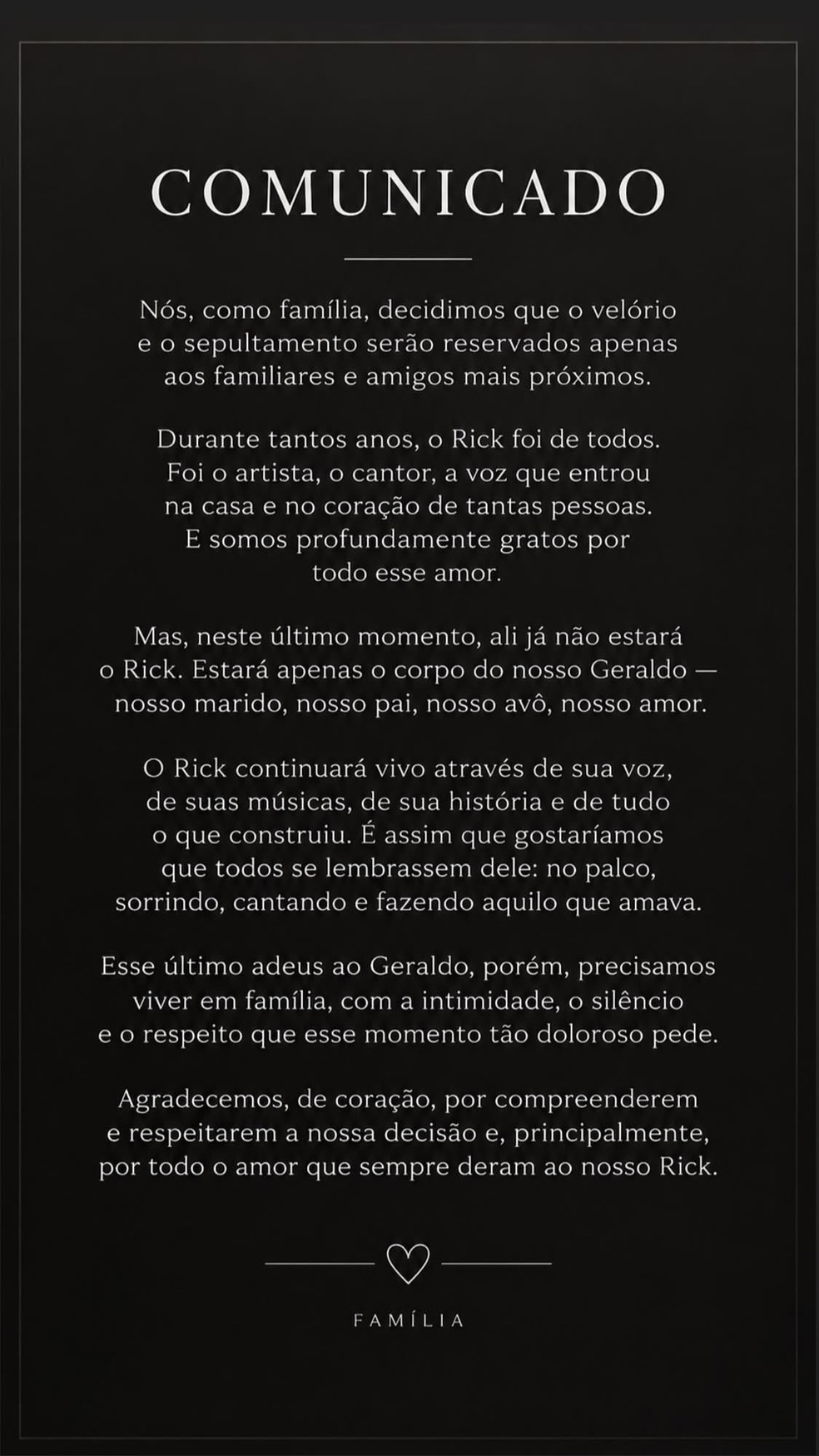 Esposa de Rick justifica velório íntimo do cantor — Foto: Reprodução/Instagram