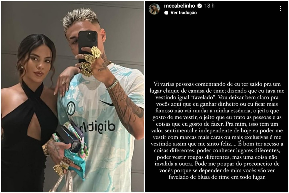 Cabelinho desabafa em post após críticas por look que usou em jantar com Bella Campos — Foto: Reprodução/Instagram