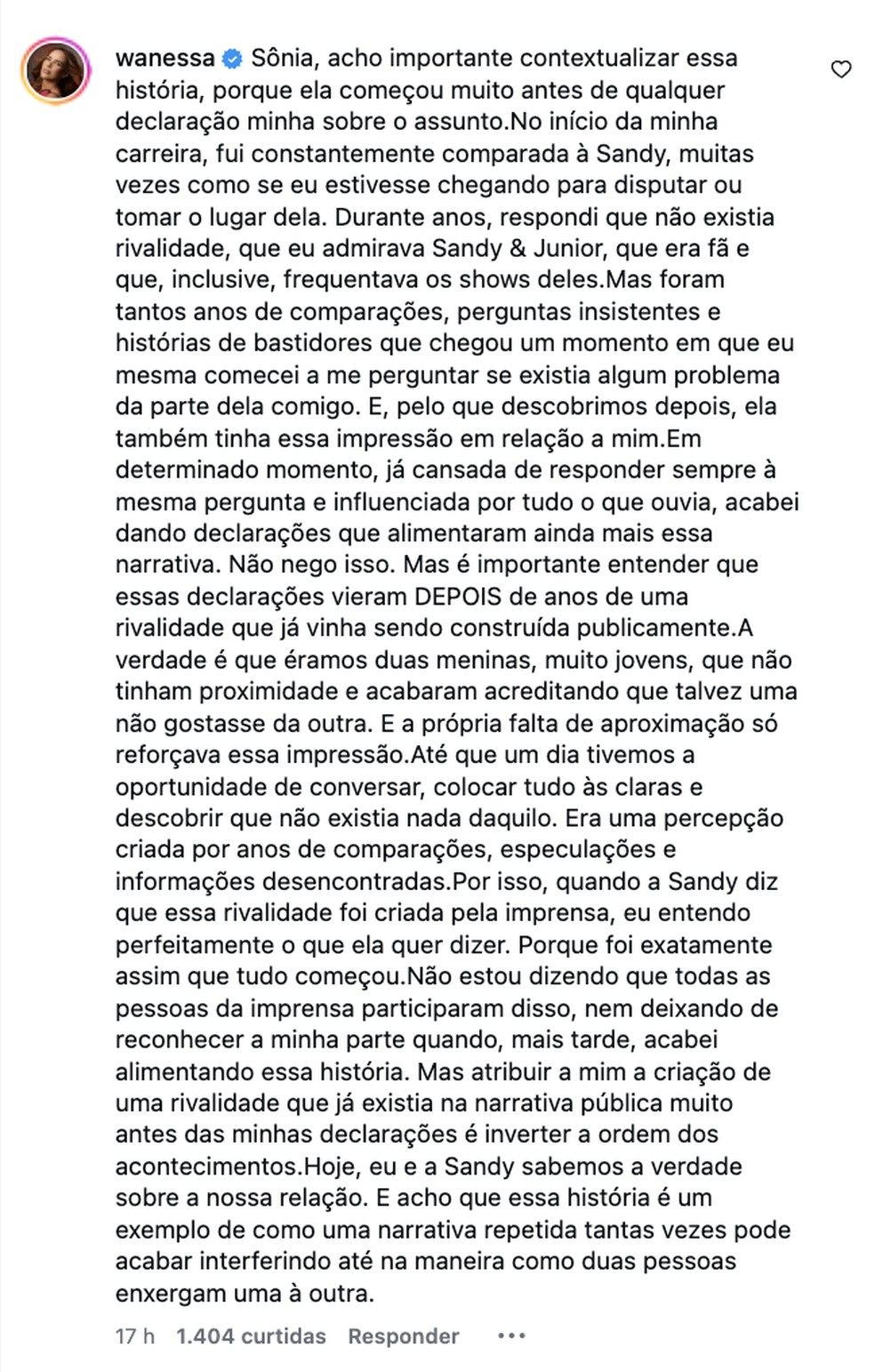 Wanessa fala sobre 'rivalidades' com Sandy — Foto: Reprodução/Instagram