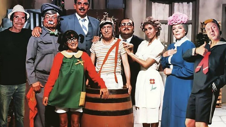 Elenco do seriado Chaves, lançado em 1973: Seu Madruga, Jaiminho, Chiquinha, Chaves, Seu Barriga, Dona Florinda, Bruxa do 71 e Quico