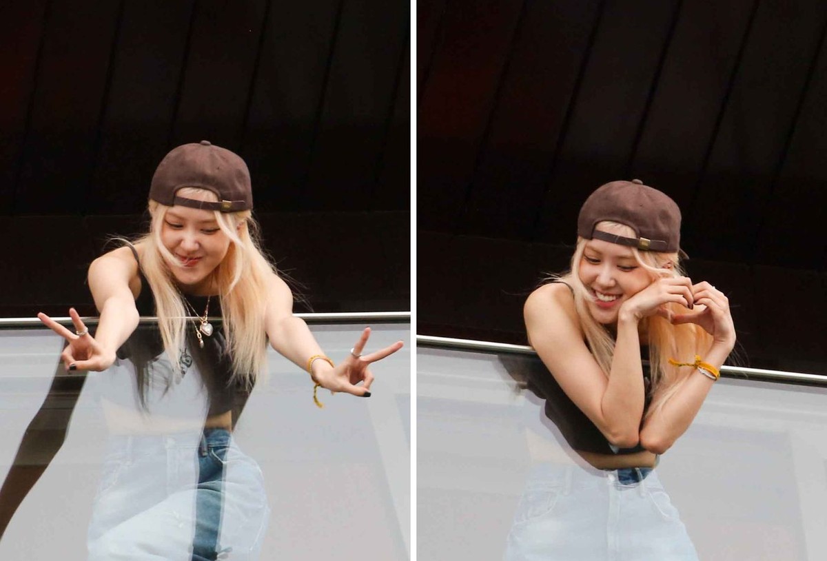 Rose no collar jacket riu rちゃん Rosé, do BLACKPINK, se diverte acenando para fãs em hotel no Rio