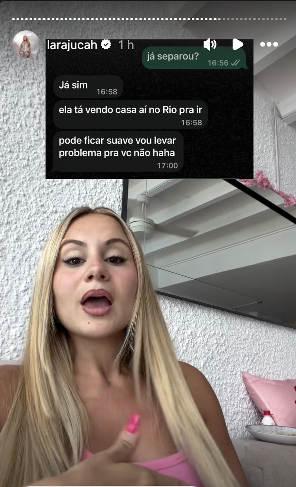 Lara Jucá mostra prints com Wesley França — Foto: Reprodução/Instagram