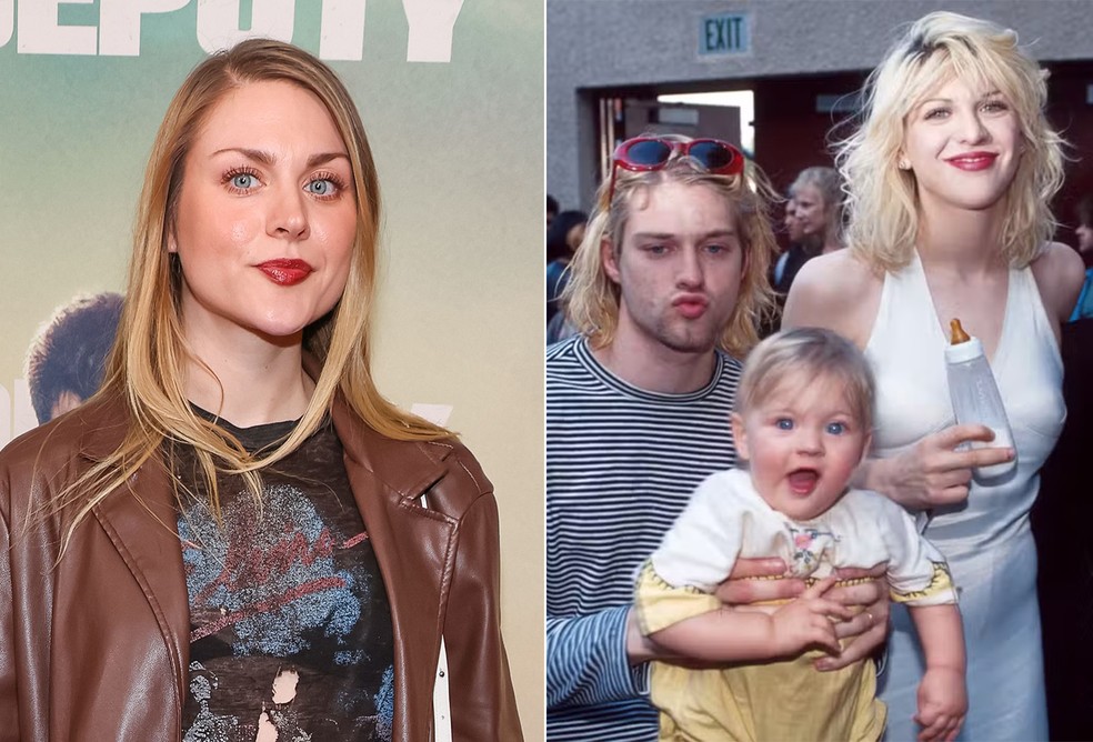 Frances Bean, filha de Kurt Cobain (1967-1994) e Courtney Love, atualmente e com os pais ainda bebê — Foto: The Grosby Group e Getty Images