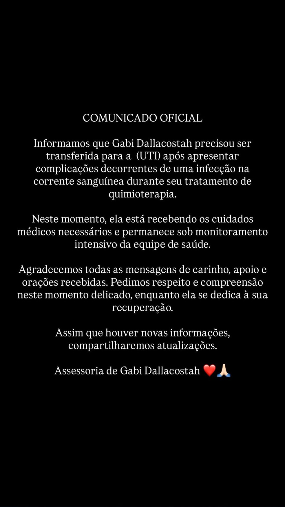 Atriz Gabi Dallacostah é internada na UTI em meio ao tratamento de câncer — Foto: Reprodução/Instagram