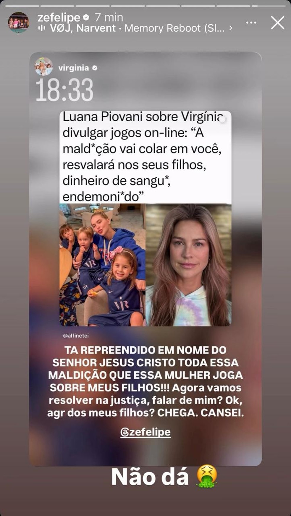 Zé Felipe reposta desabafo de Virginia e reage após fala de Luana Piovani — Foto: Reprodução/ Instagram