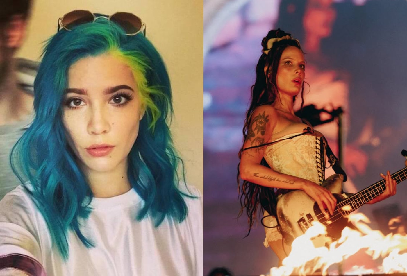 Cantora Halsey se apresentando ao vivo no microfone em festival de música.