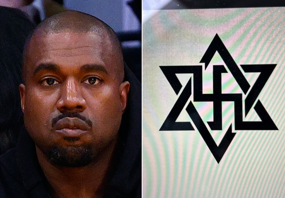 Kanye West defendeu nazistas na web unindo estrela de Davi e suástica e teve conta no Twitter deletada — Foto: Getty Images e Reprodução/Twitter