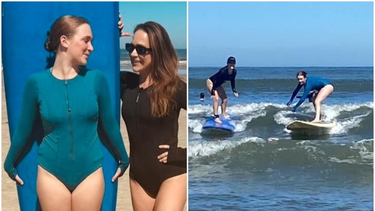 Gabriela Duarte surfa com filha e curte companhia de novo namorado