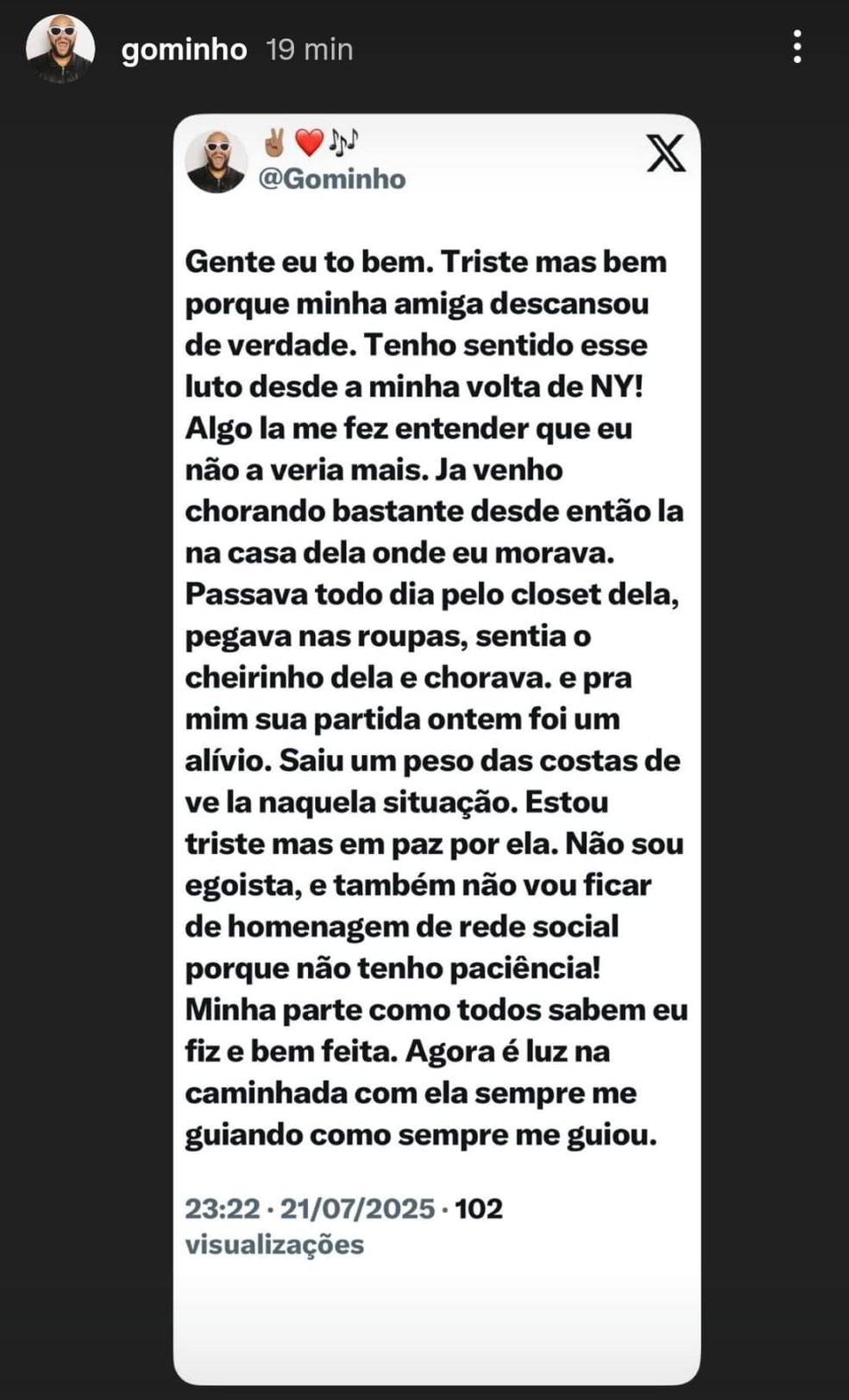 Gominho faz novo post sobre a amiga Preta Gil (1974-2025) — Foto: Reprodução/Instagram