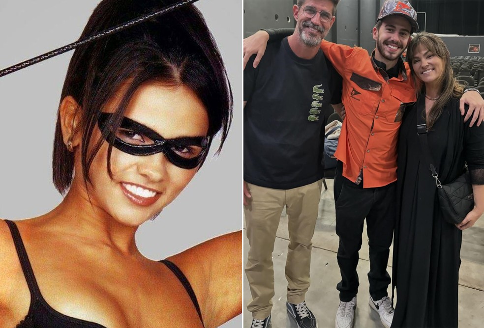 Suzana Alves nos anos 1990, como Tiazinha, e atualmente com o marido, Flávio Saretta, e o enteado, Felipe Saretta — Foto: Divulgação/Band e Reprodução/Instagram