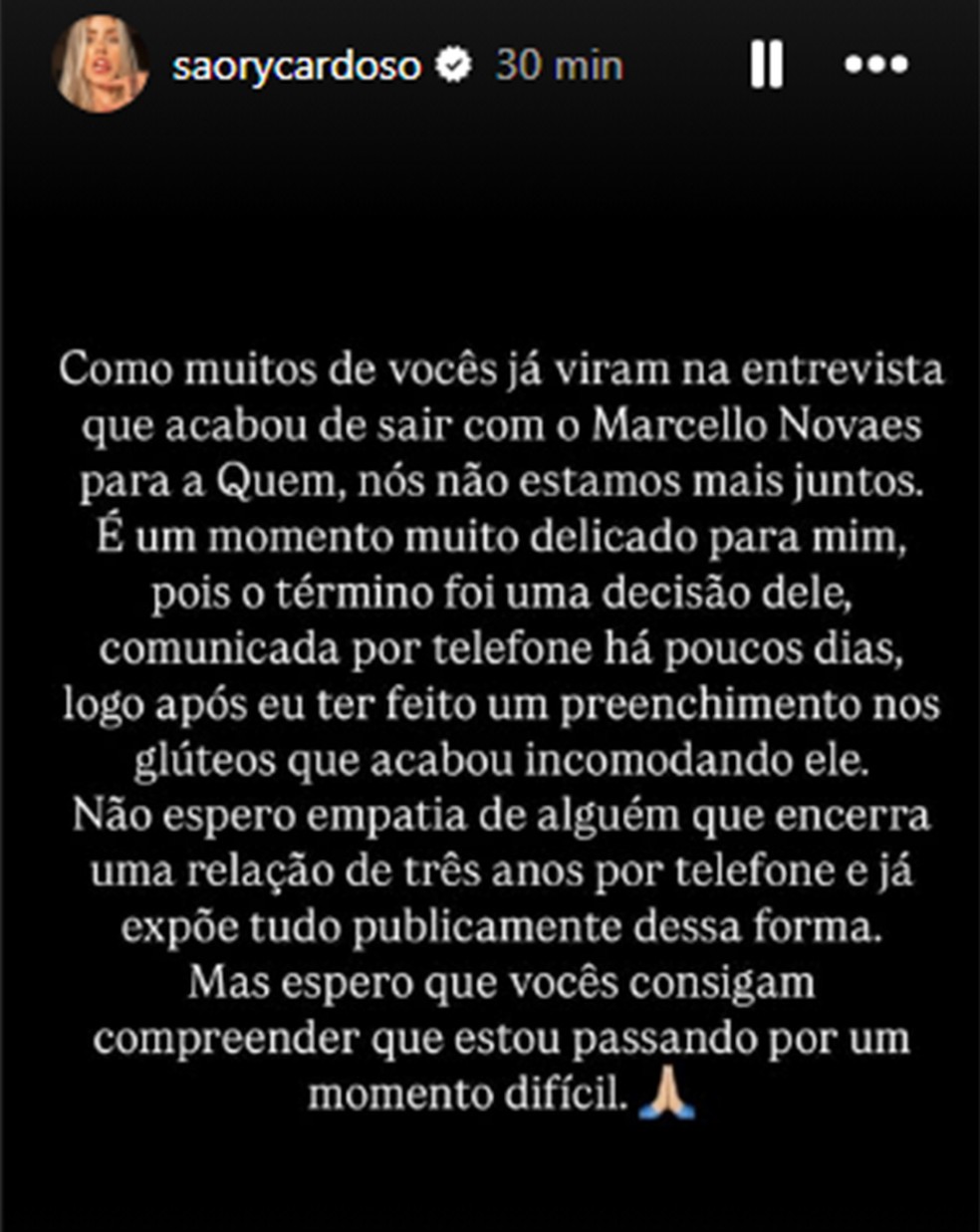 Ex de Marcelo Novaes, Saory Cardoso diz que procedimento estético causou fim de namoro — Foto: Reprodução/Instagram