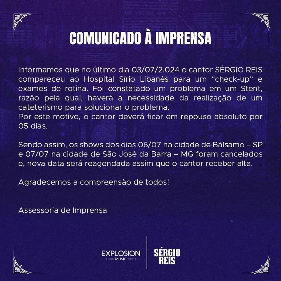Comunicado informa cancelamento de shows de Sérgio Reis por motivos de saúde — Foto: Reprodução/Instagram