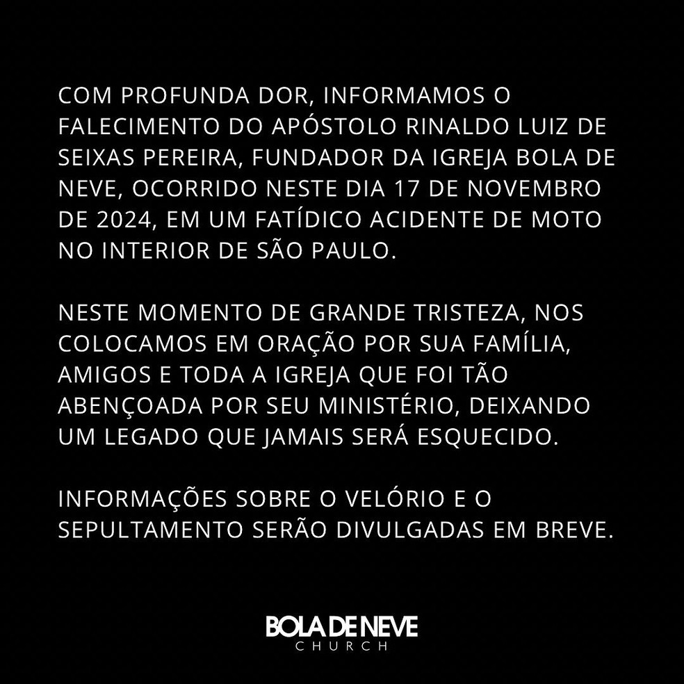 Igreja Bola de Neve confirma morte de seu fundador, Rinaldo Seixas Pereira, o apstolo Rina  Foto: Reproduo/Instagram