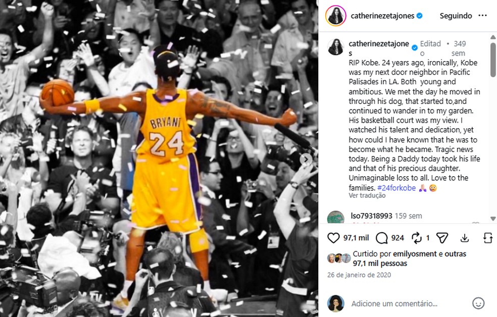 Catherine Zeta-Jones presta homenagem ao ex-vizinho Kobe Bryant (1978-2020) — Foto: Reprodução/Instagram