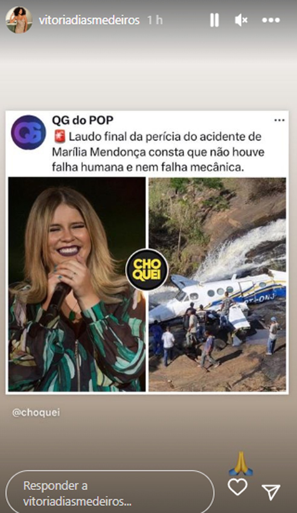 Vitória Dias Medeiros, filha de Geraldo Medeiros Júnior, piloto do avião que levava Marília Mendonça, reage a laudo do acidente — Foto: Instagram