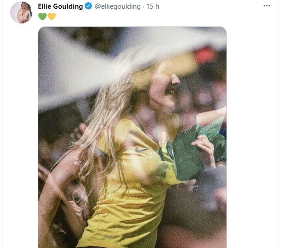 Ellie Goulding nega apoio a Bolsonaro após postar foto com a camisa da Seleção brasileira — Foto: Reprodução/Twitter