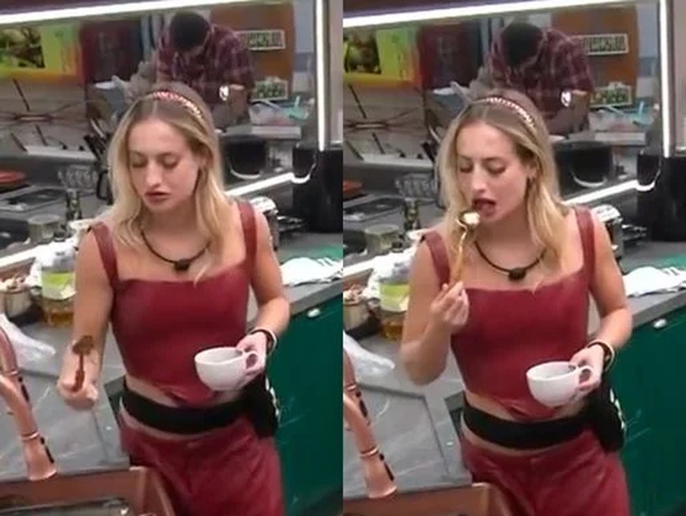 No BBB 23, Bruna Griphao lambe e usa colher suja, e viraliza — Foto: TV Globo/Reprodução