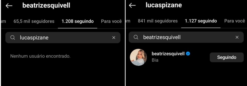 Besatriz Esquivel deu unfollow Lucas Pizane; cantor ainda segue ex-namorada — Foto: Reprodução/Instagram