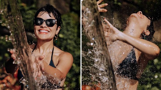 Vanessa Giácomo, de 'Travessia', se diverte durante banho de ducha