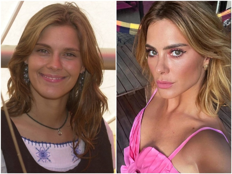 Antes e depois: Carolina Dieckmann como Edwiges, em lgação/Apaixonadas (Globo, 2003), e com visual atual — Foto: Divulgação/TV Globo e Reprodução/Instagram