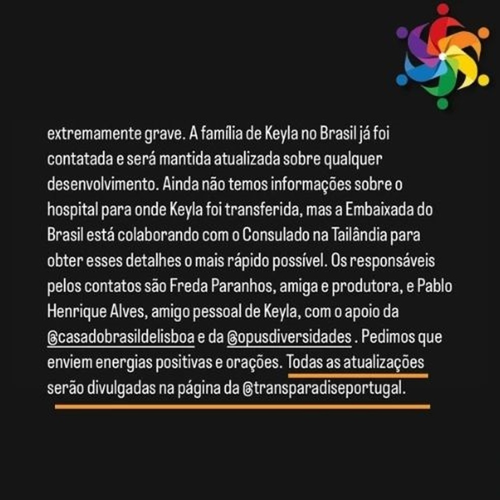 ONG faz atualização sobre estado de saúde de Keyla Brasil — Foto: Reprodução Instagram