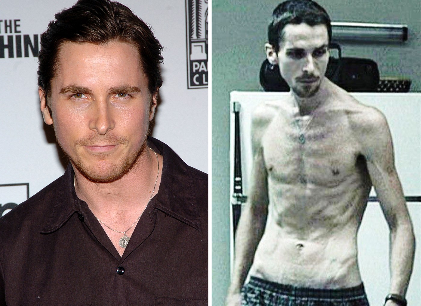 Christian Bale, astro de 'Psicopata Americano' perdeu 30kg para o filme 'O Operário' — Foto: Getty Images e Paramount Classics