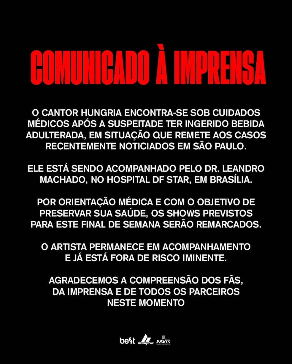 Comunicado de Hungria — Foto: Reprodução/Instagram