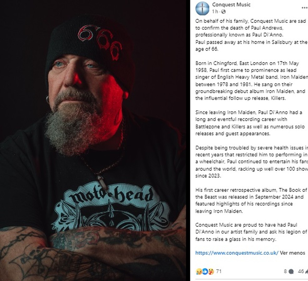 Gravadora Conquest Music divulga comunicado para informar morte de Paul Di'Anno, ex-vocalista do Iron Maiden — Foto: Reprodução/Facebook