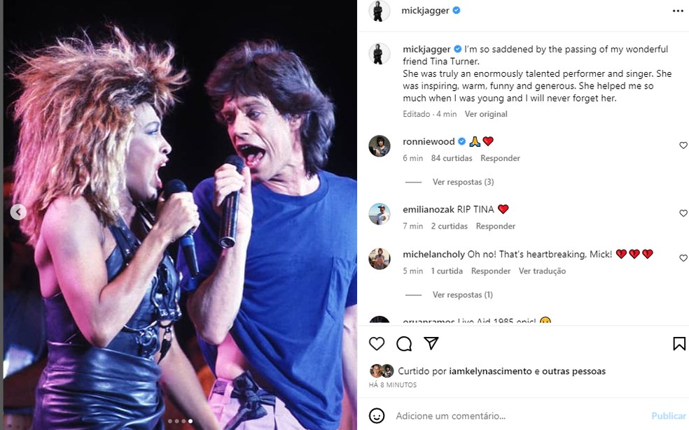 Tina Turner e Mick Jagger — Foto: Reprodução Instagram