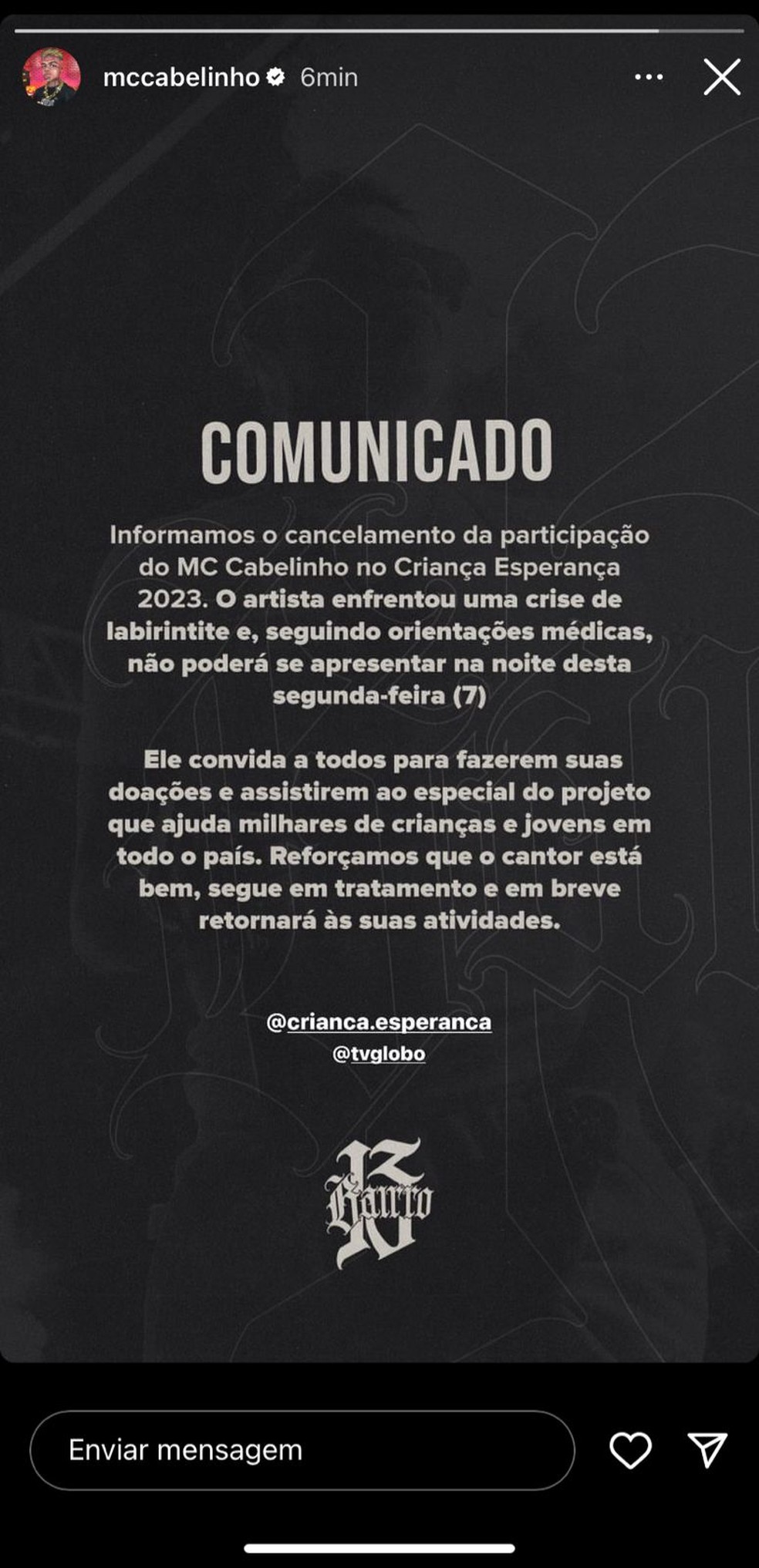 Post de MC Cabelinho — Foto: Reprodução/Instagram