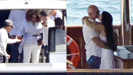 Jeff Bezos e Lauren Sanchez se beijam antes da chegada de Oprah Winfrey a superiate de R$ 2,5 bi